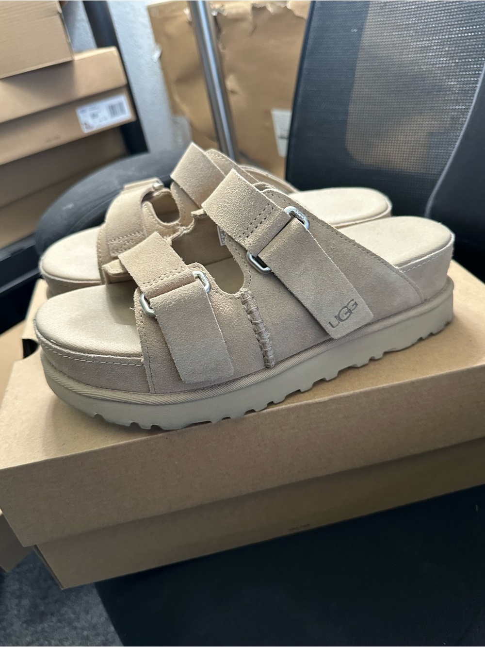 UGG Beige Suede Double-Strap Slide Sandals - Picture 2 of 4